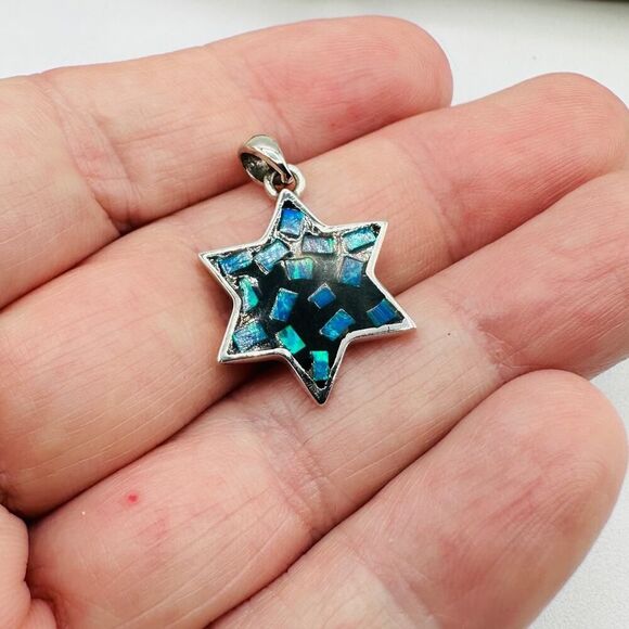 Sterling Silver Mosaic Lab Opal Star of David Pendant, Jewish Star - Picture 6 of 7
